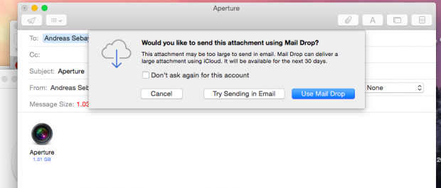Mail Drop schl&auml;gt die Nutzung der iCloud vor. (Screenshot: Golem.de)